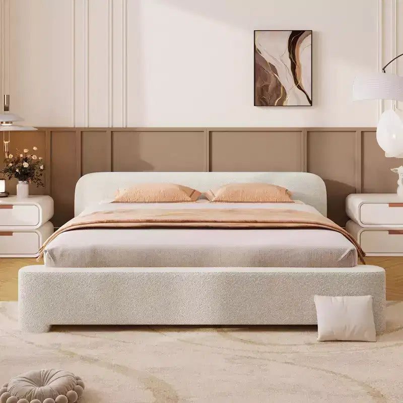 Okak All Size White Platform Bed Frame with Low Bouce Upholstered Headboard,Modern Soft Bed No Box Spring Needed