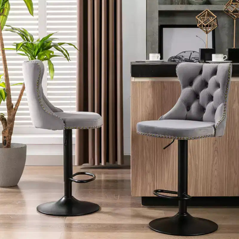 MAYEERTY Swivel Velvet Barstools - Adjustable Seat Height 25-33 Inch, 17.7 Inch Base, Tufted Backs, , Set of 2