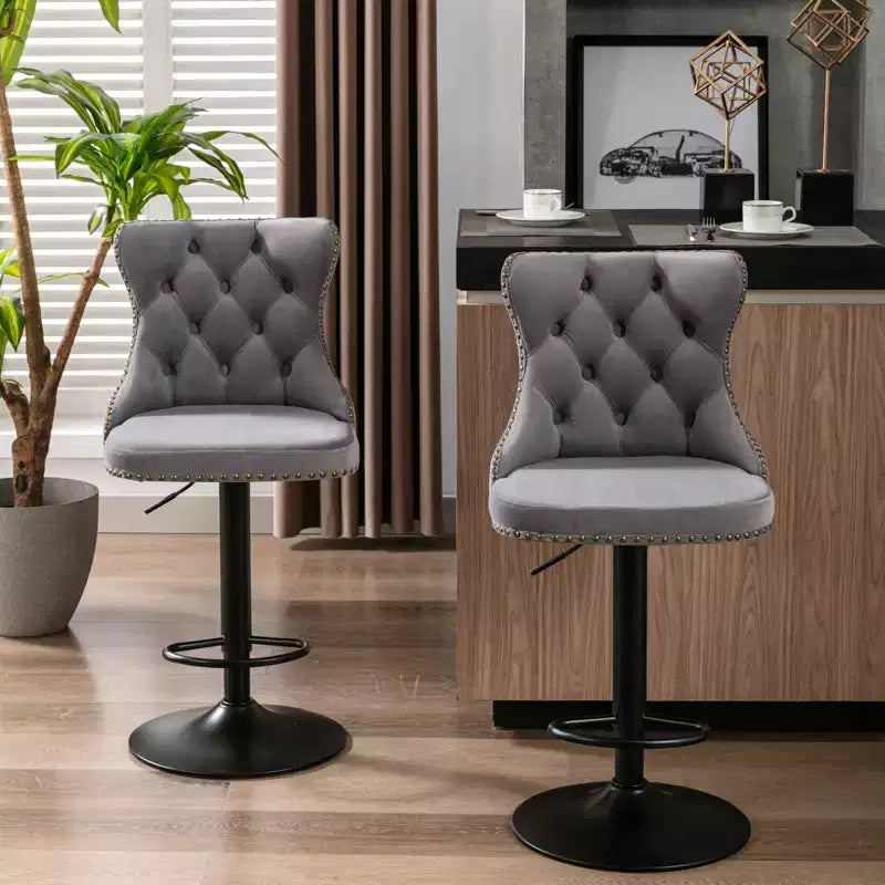 MAYEERTY Swivel Velvet Barstools - Adjustable Seat Height 25-33 Inch, 17.7 Inch Base, Tufted Backs, , Set of 2