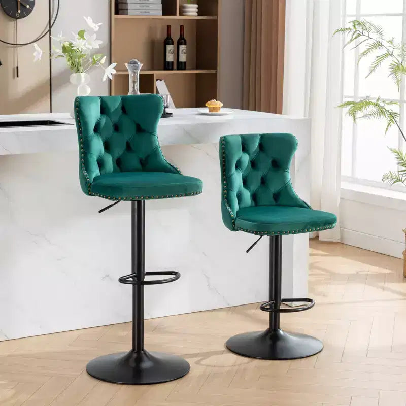 MAYEERTY Swivel Velvet Barstools - Adjustable Seat Height 25-33 Inch, 17.7 Inch Base, Tufted Backs, , Set of 2