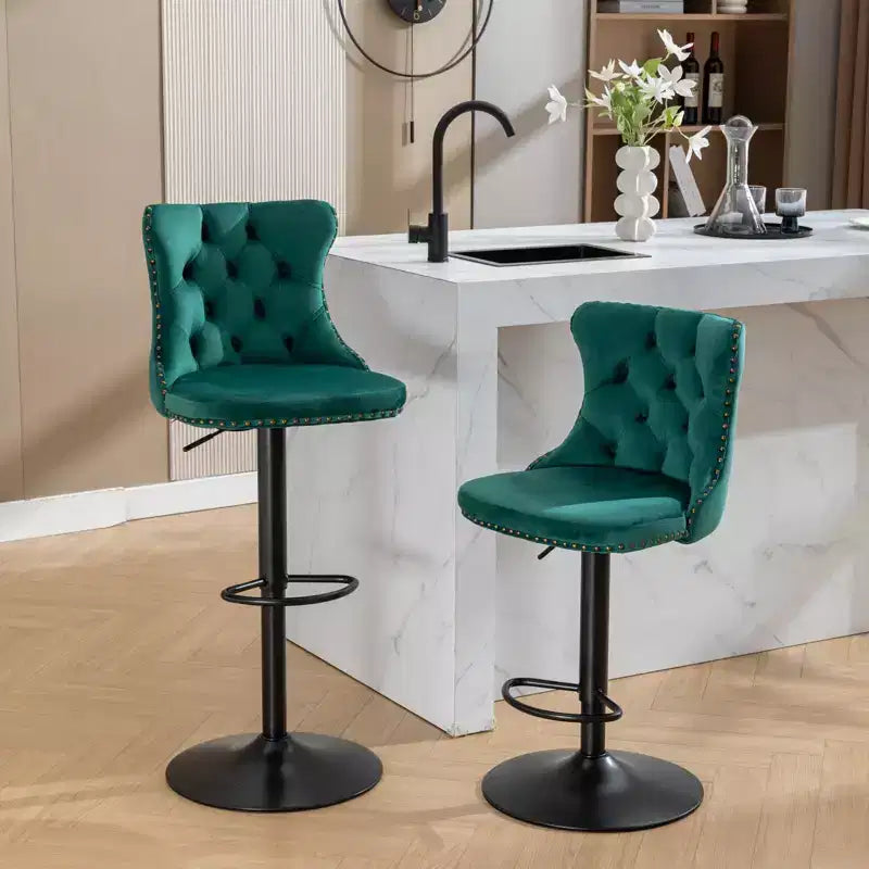 MAYEERTY Swivel Velvet Barstools - Adjustable Seat Height 25-33 Inch, 17.7 Inch Base, Tufted Backs, , Set of 2