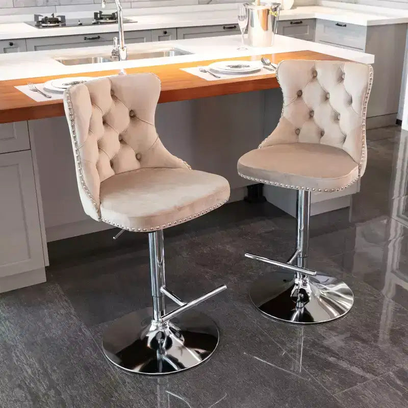 MAYEERTY Swivel Velvet Barstools - Adjustable Seat Height 25-33 Inch, 17.7 Inch Base, Tufted Backs, , Set of 2