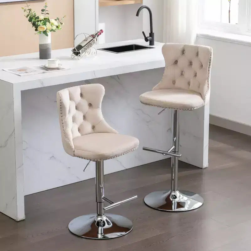 MAYEERTY Swivel Velvet Barstools - Adjustable Seat Height 25-33 Inch, 17.7 Inch Base, Tufted Backs, , Set of 2