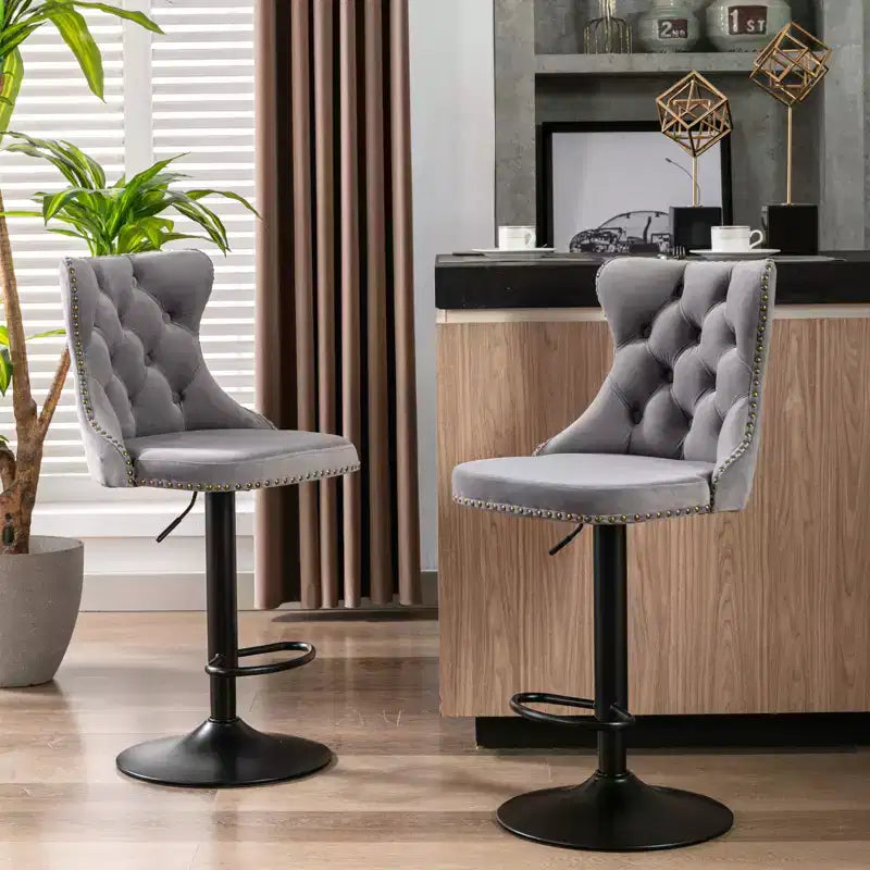 MAYEERTY Swivel Velvet Barstools - Adjustable Seat Height 25-33 Inch, 17.7 Inch Base, Tufted Backs, , Set of 2