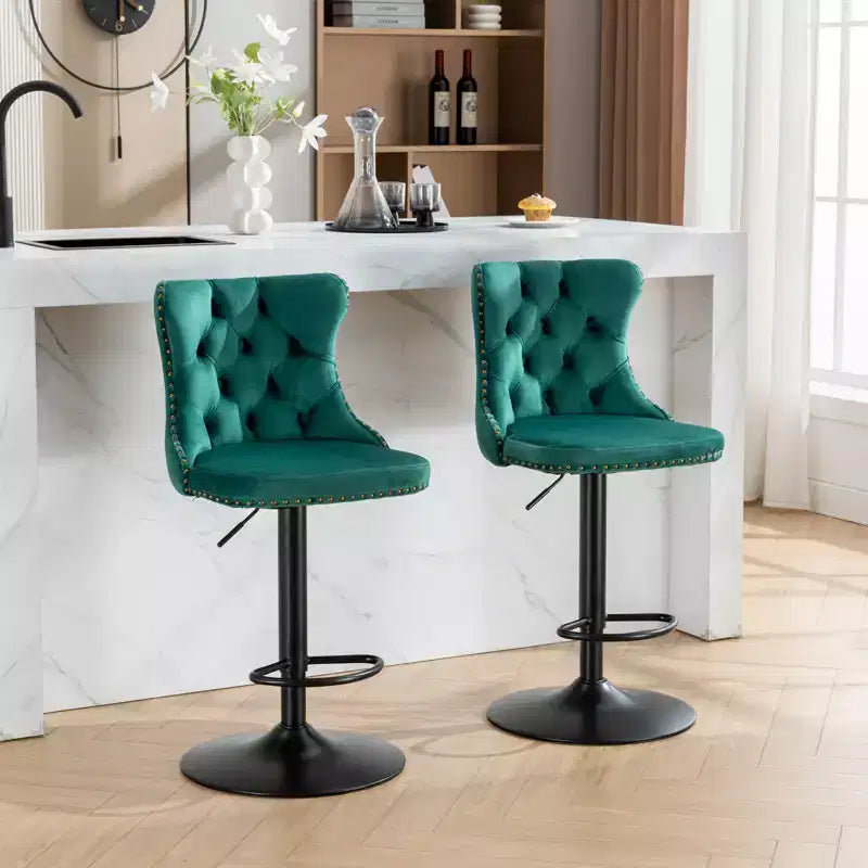 MAYEERTY Swivel Velvet Barstools - Adjustable Seat Height 25-33 Inch, 17.7 Inch Base, Tufted Backs, , Set of 2