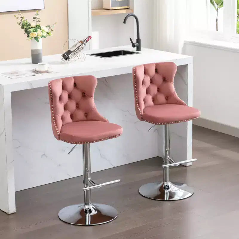 MAYEERTY Swivel Velvet Barstools - Adjustable Seat Height 25-33 Inch, 17.7 Inch Base, Tufted Backs, , Set of 2