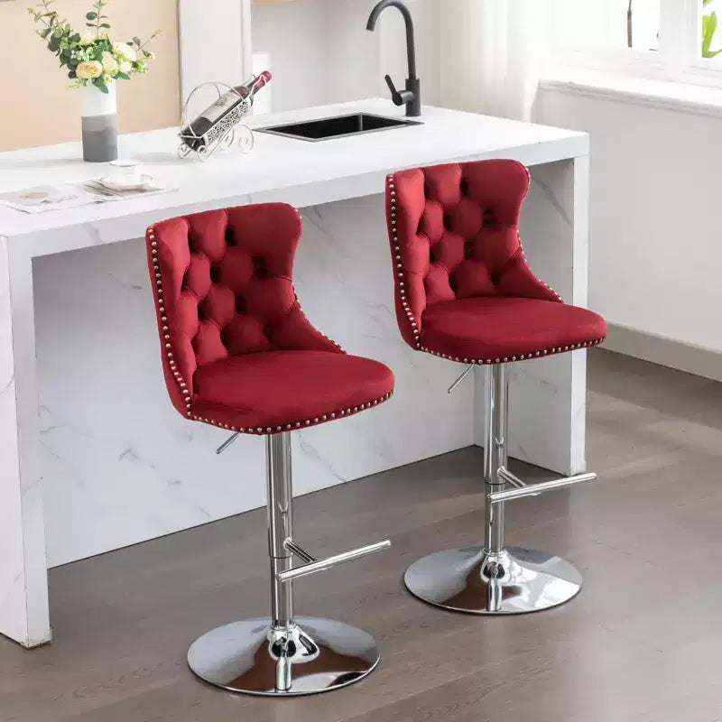 MAYEERTY Swivel Velvet Barstools - Adjustable Seat Height 25-33 Inch, 17.7 Inch Base, Tufted Backs, , Set of 2
