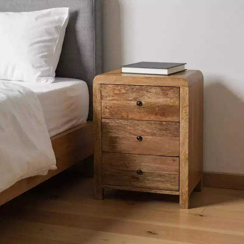 HomeRoots 24 Oak Solid Wood Three Drawer Nightstand