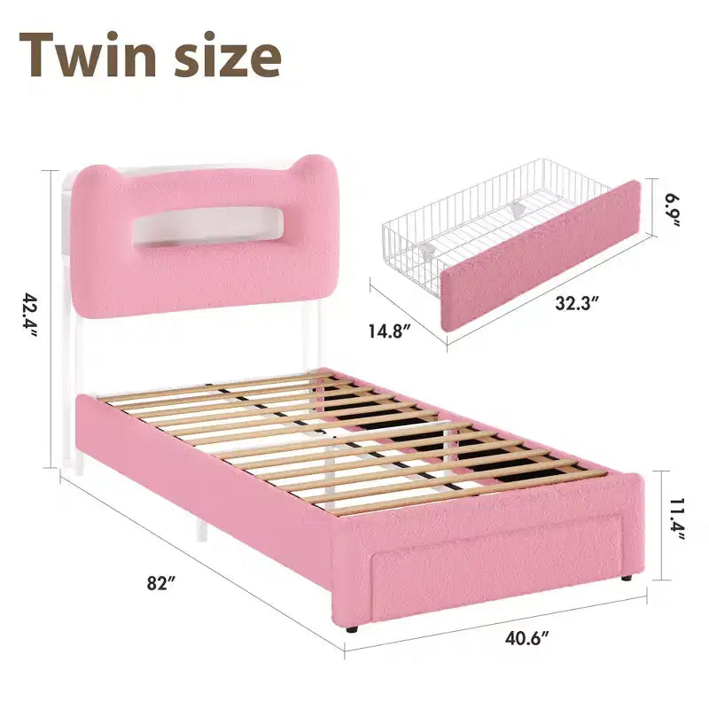 Twin Bed Frame with 2-Tier Storage Headboard, Upholstered Platform Bed with Charging Station & Drawer, 800LB Capacity