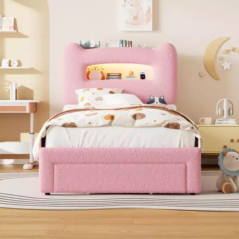 Twin Bed Frame with 2-Tier Storage Headboard, Upholstered Platform Bed with Charging Station & Drawer, 800LB Capacity