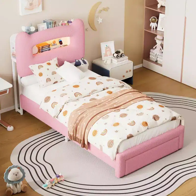 Twin Bed Frame with 2-Tier Storage Headboard, Upholstered Platform Bed with Charging Station & Drawer, 800LB Capacity