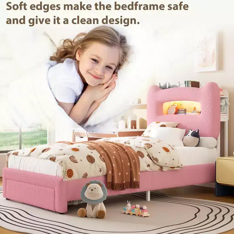 Twin Bed Frame with 2-Tier Storage Headboard, Upholstered Platform Bed with Charging Station & Drawer, 800LB Capacity