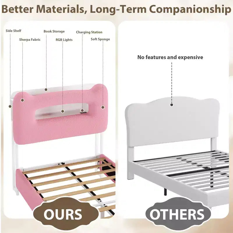Twin Bed Frame with 2-Tier Storage Headboard, Upholstered Platform Bed with Charging Station & Drawer, 800LB Capacity