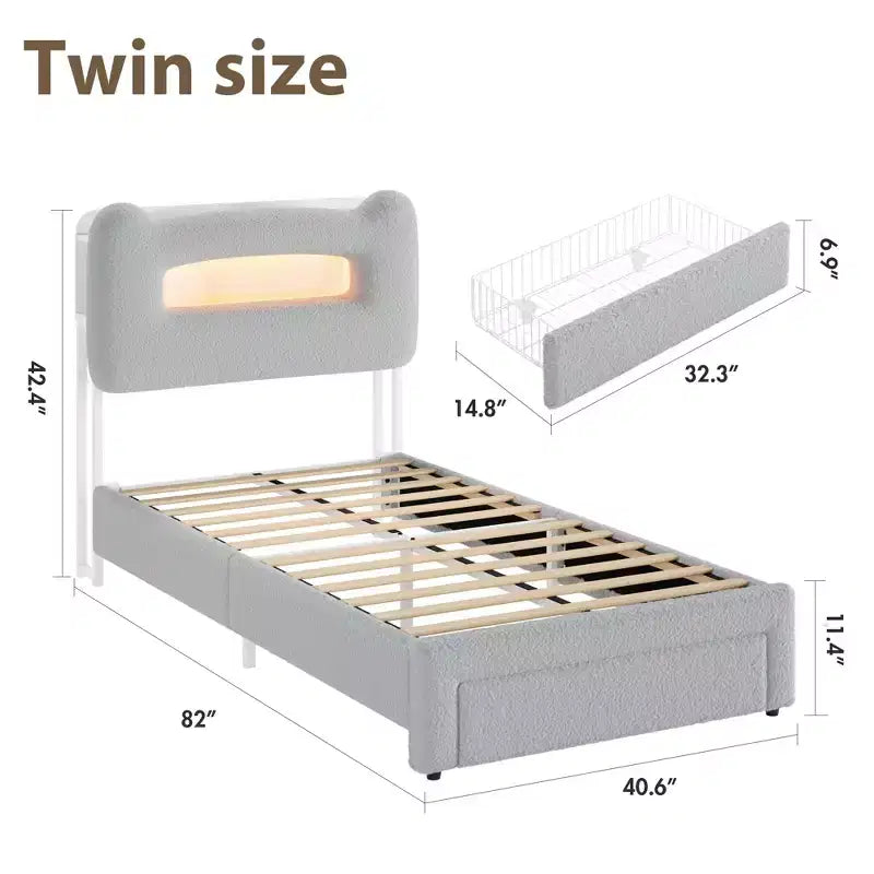 Twin Bed Frame with 2-Tier Storage Headboard, Upholstered Platform Bed with Charging Station & Drawer, 800LB Capacity