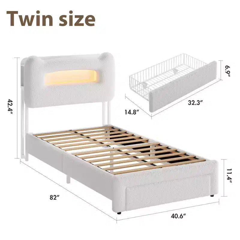 Twin Bed Frame with 2-Tier Storage Headboard, Upholstered Platform Bed with Charging Station & Drawer, 800LB Capacity