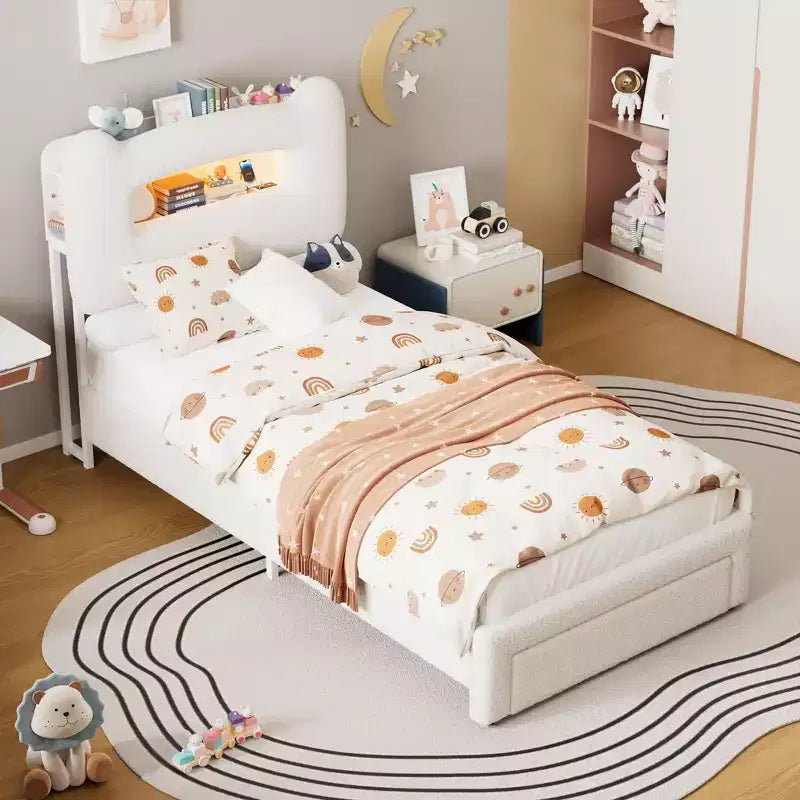 Twin Bed Frame with 2-Tier Storage Headboard, Upholstered Platform Bed with Charging Station & Drawer, 800LB Capacity