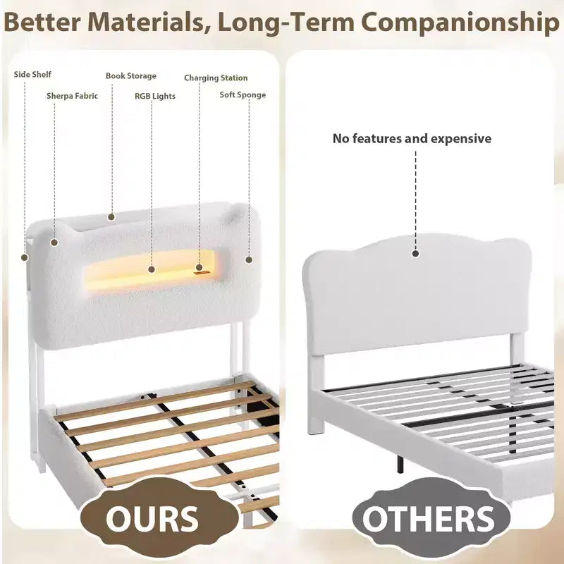 Twin Bed Frame with 2-Tier Storage Headboard, Upholstered Platform Bed with Charging Station & Drawer, 800LB Capacity