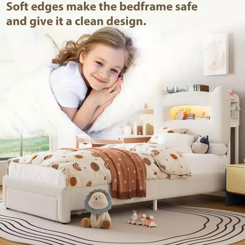 Twin Bed Frame with 2-Tier Storage Headboard, Upholstered Platform Bed with Charging Station & Drawer, 800LB Capacity