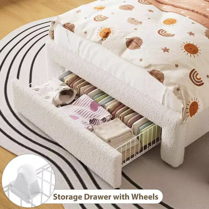 Twin Bed Frame with 2-Tier Storage Headboard, Upholstered Platform Bed with Charging Station & Drawer, 800LB Capacity
