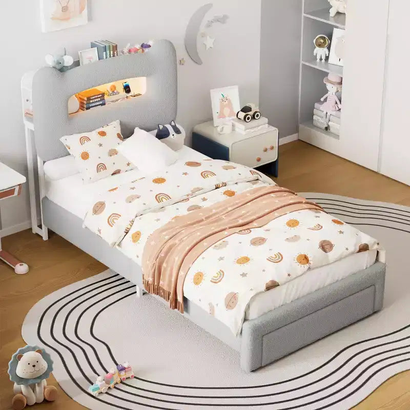 Twin Bed Frame with 2-Tier Storage Headboard, Upholstered Platform Bed with Charging Station & Drawer, 800LB Capacity