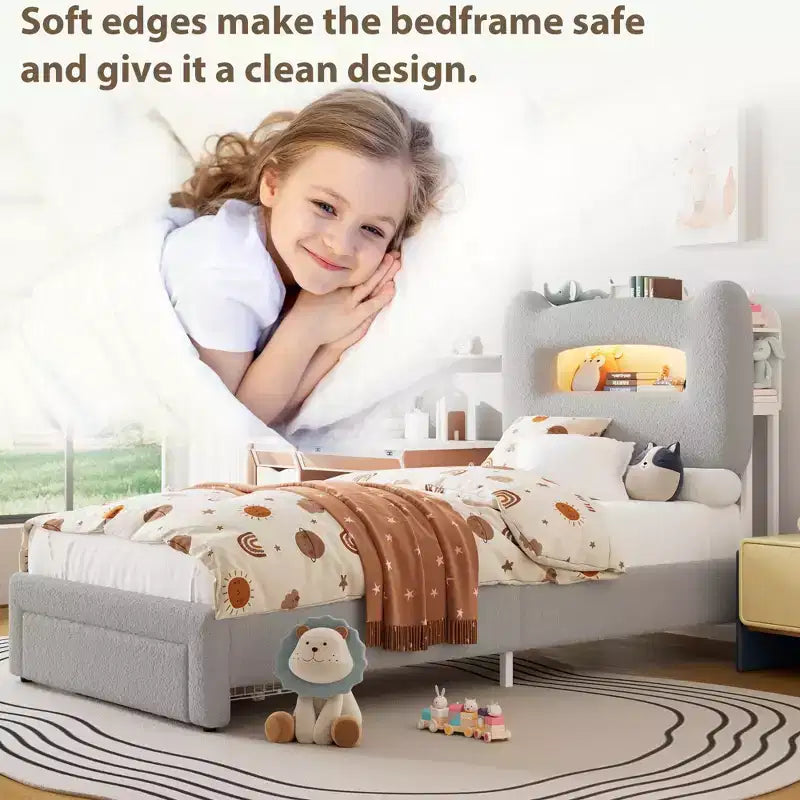 Twin Bed Frame with 2-Tier Storage Headboard, Upholstered Platform Bed with Charging Station & Drawer, 800LB Capacity