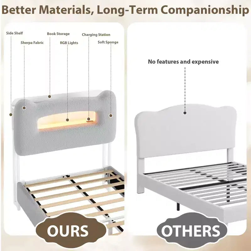 Twin Bed Frame with 2-Tier Storage Headboard, Upholstered Platform Bed with Charging Station & Drawer, 800LB Capacity