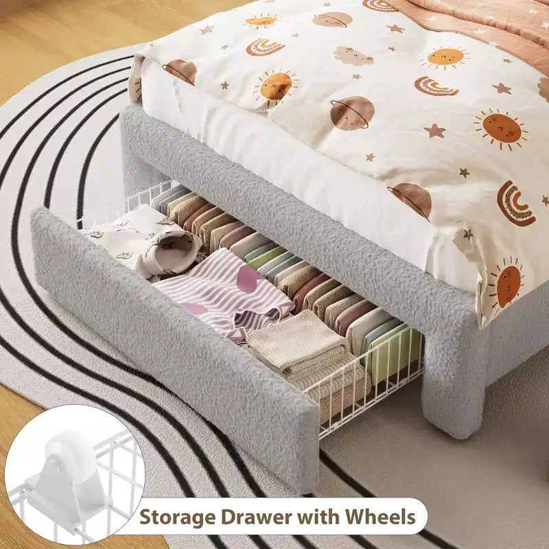 Twin Bed Frame with 2-Tier Storage Headboard, Upholstered Platform Bed with Charging Station & Drawer, 800LB Capacity