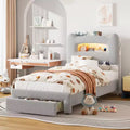Twin Bed Frame with 2-Tier Storage Headboard, Upholstered Platform Bed with Charging Station & Drawer, 800LB Capacity
