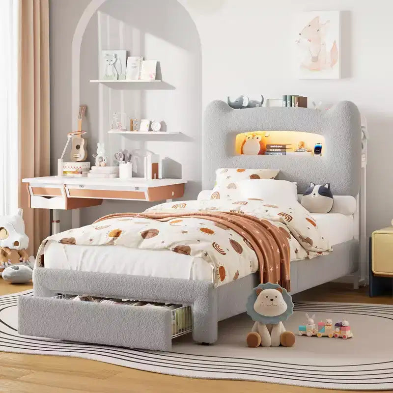 Twin Bed Frame with 2-Tier Storage Headboard, Upholstered Platform Bed with Charging Station & Drawer, 800LB Capacity