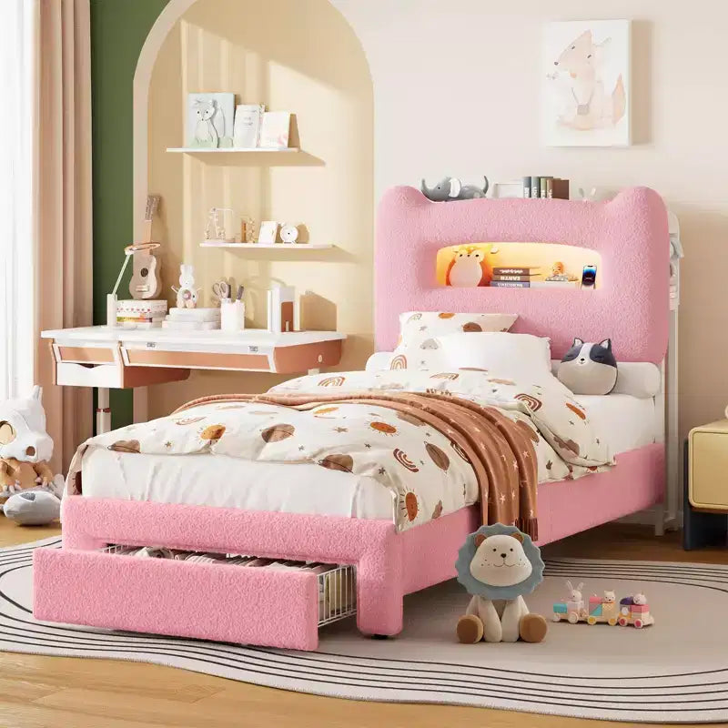 Twin Bed Frame with 2-Tier Storage Headboard, Upholstered Platform Bed with Charging Station & Drawer, 800LB Capacity