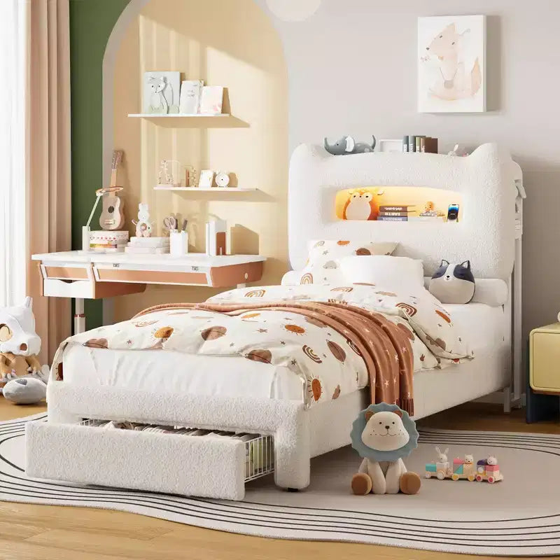 Twin Bed Frame with 2-Tier Storage Headboard, Upholstered Platform Bed with Charging Station & Drawer, 800LB Capacity
