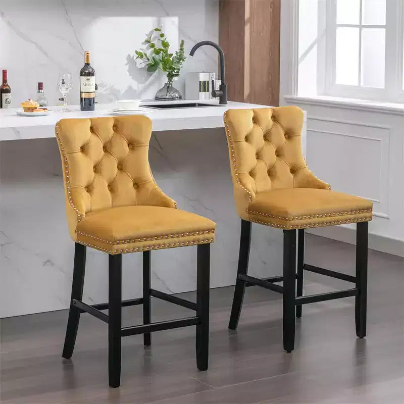 Set of 2 Contemporary Velvet Upholstered Bar Stools with Button Tufted Decoration, Wooden Legs, Leisure Style Bar Chairs