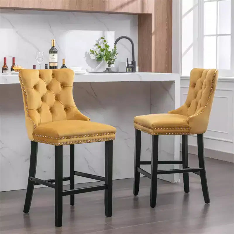 Set of 2 Contemporary Velvet Upholstered Bar Stools with Button Tufted Decoration, Wooden Legs, Leisure Style Bar Chairs