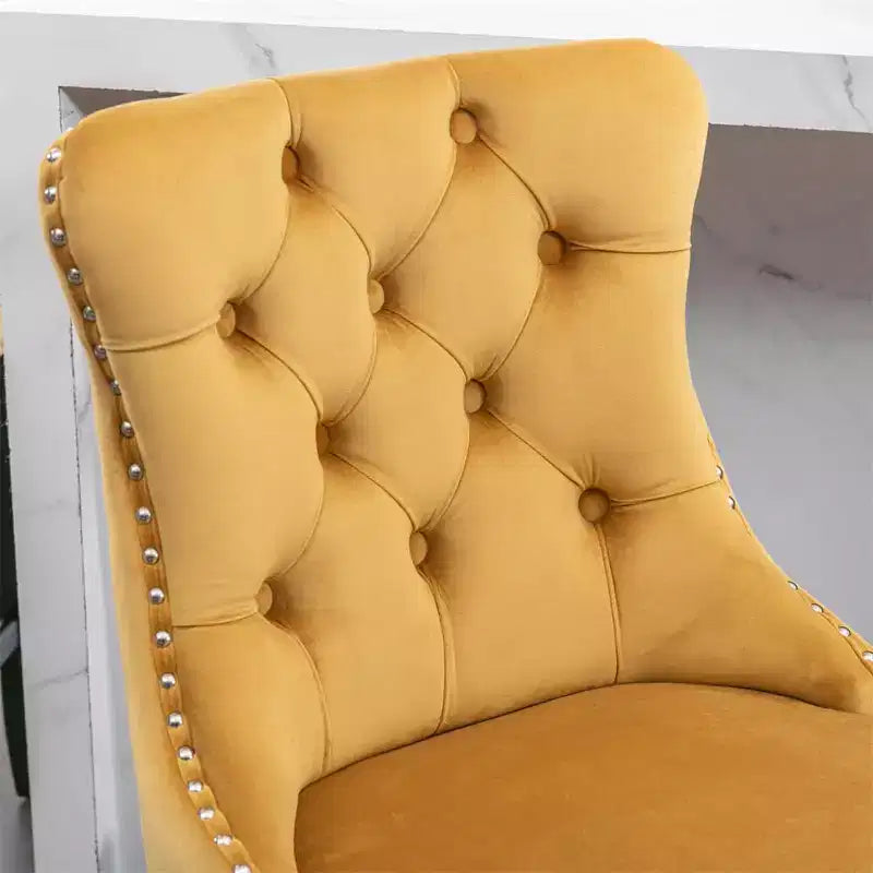 Set of 2 Contemporary Velvet Upholstered Bar Stools with Button Tufted Decoration, Wooden Legs, Leisure Style Bar Chairs