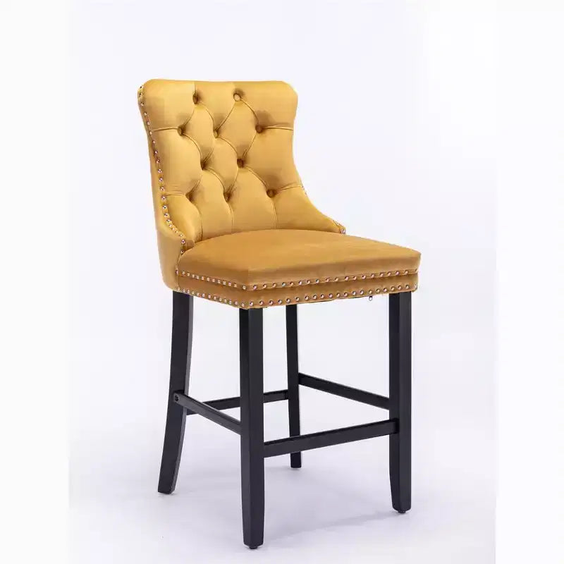 Set of 2 Contemporary Velvet Upholstered Bar Stools with Button Tufted Decoration, Wooden Legs, Leisure Style Bar Chairs