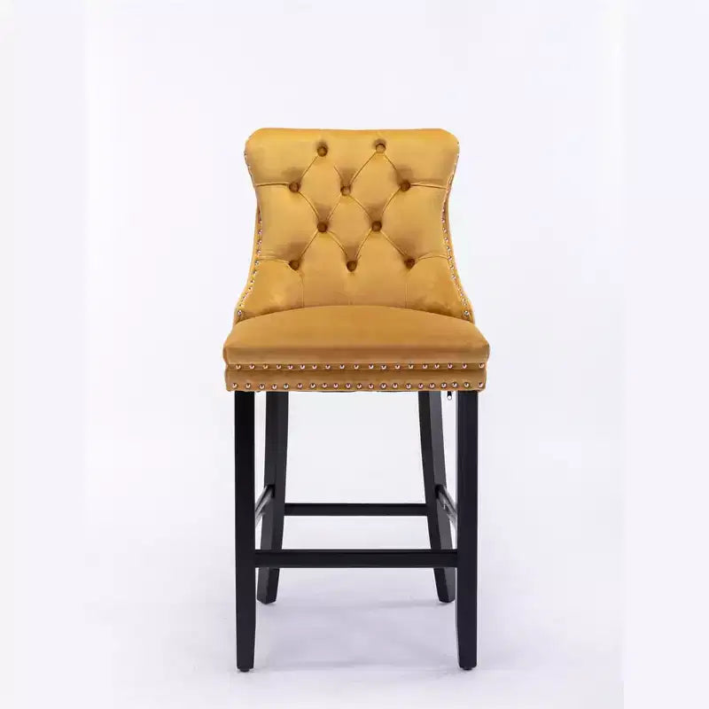 Set of 2 Contemporary Velvet Upholstered Bar Stools with Button Tufted Decoration, Wooden Legs, Leisure Style Bar Chairs