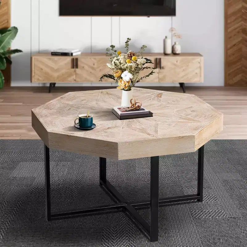 Octagonal Vintage Patchwork Coffee Table, Wooden Farmhouse Side Table with Cross Metal Legs for Living Room, Bedroom, Balcony, or Office