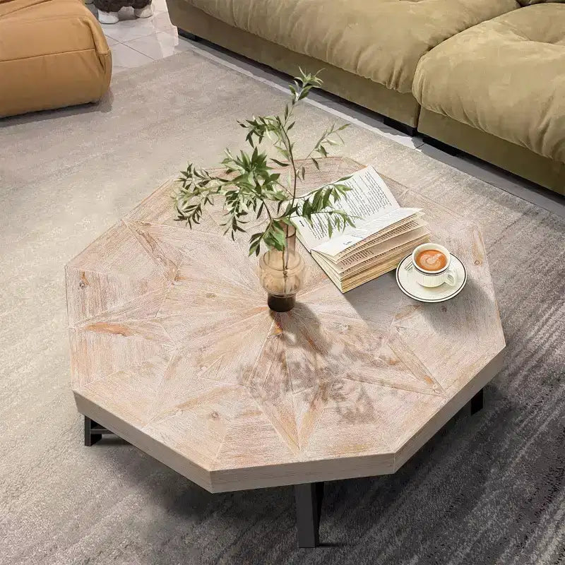 Octagonal Vintage Patchwork Coffee Table, Wooden Farmhouse Side Table with Cross Metal Legs for Living Room, Bedroom, Balcony, or Office