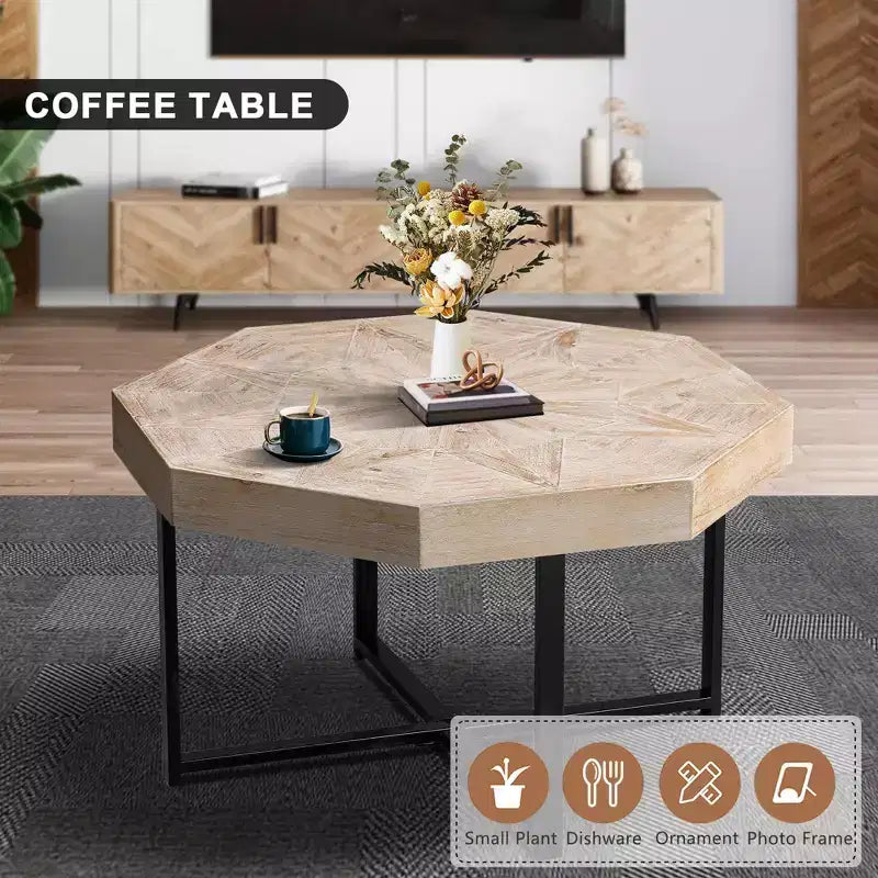 Octagonal Vintage Patchwork Coffee Table, Wooden Farmhouse Side Table with Cross Metal Legs for Living Room, Bedroom, Balcony, or Office