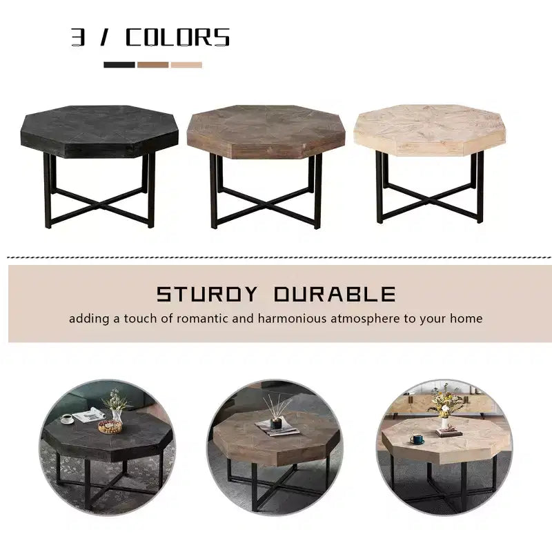 Octagonal Vintage Patchwork Coffee Table, Wooden Farmhouse Side Table with Cross Metal Legs for Living Room, Bedroom, Balcony, or Office