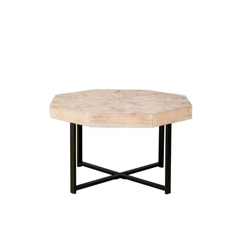 Octagonal Vintage Patchwork Coffee Table, Wooden Farmhouse Side Table with Cross Metal Legs for Living Room, Bedroom, Balcony, or Office