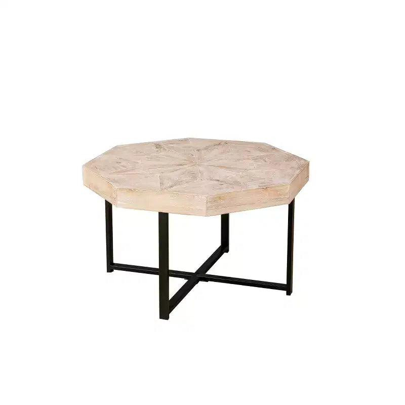 Octagonal Vintage Patchwork Coffee Table, Wooden Farmhouse Side Table with Cross Metal Legs for Living Room, Bedroom, Balcony, or Office