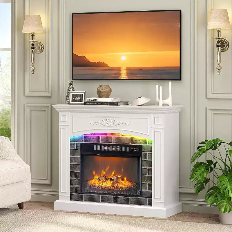 VINGLI 43'' Fireplace TV Stand for up to 55 inch TVs, Electric Fireplace with Mantel, Modern Entertainment Center with Adjustable LED Lights Strips