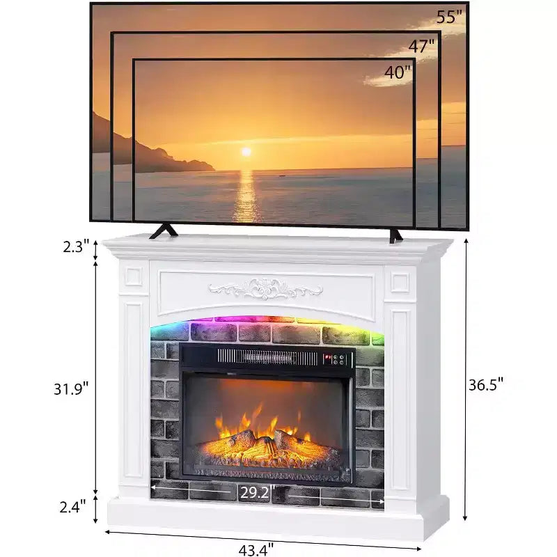 VINGLI 43'' Fireplace TV Stand for up to 55 inch TVs, Electric Fireplace with Mantel, Modern Entertainment Center with Adjustable LED Lights Strips
