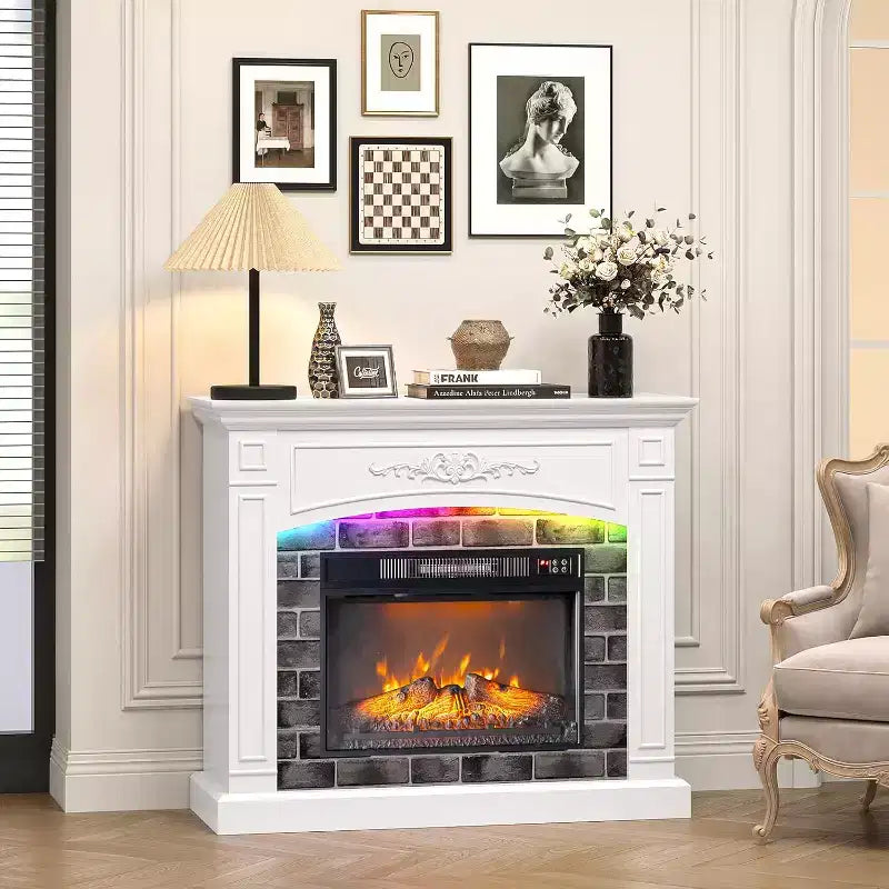 VINGLI 43'' Fireplace TV Stand for up to 55 inch TVs, Electric Fireplace with Mantel, Modern Entertainment Center with Adjustable LED Lights Strips