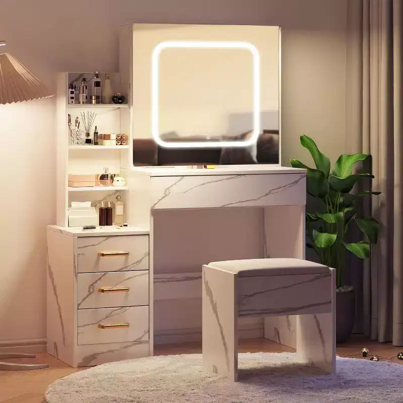 Modern Vanity Desk, Makeup Vanity Desk With Sliding Mirror, Dressing Table With 4 Drawers, Storage Shelves & Stool for Bedroom, Cloakroom