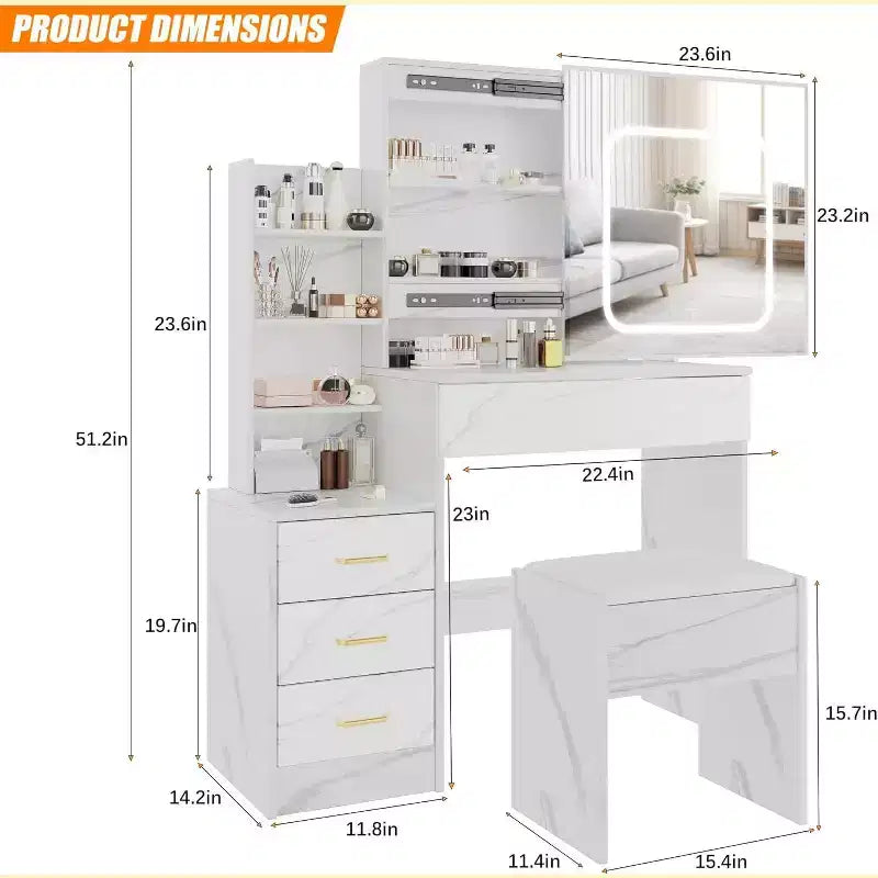 Modern Vanity Desk, Makeup Vanity Desk With Sliding Mirror, Dressing Table With 4 Drawers, Storage Shelves & Stool for Bedroom, Cloakroom