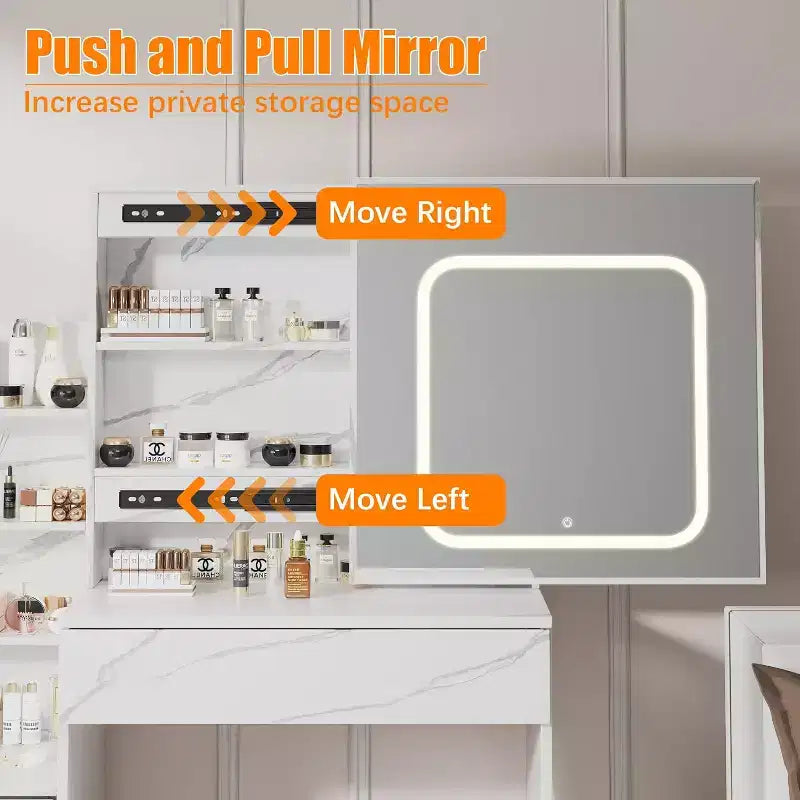Modern Vanity Desk, Makeup Vanity Desk With Sliding Mirror, Dressing Table With 4 Drawers, Storage Shelves & Stool for Bedroom, Cloakroom