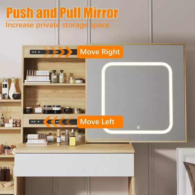 Modern Vanity Desk, Makeup Vanity Desk With Sliding Mirror, Dressing Table With 4 Drawers, Storage Shelves & Stool for Bedroom, Cloakroom
