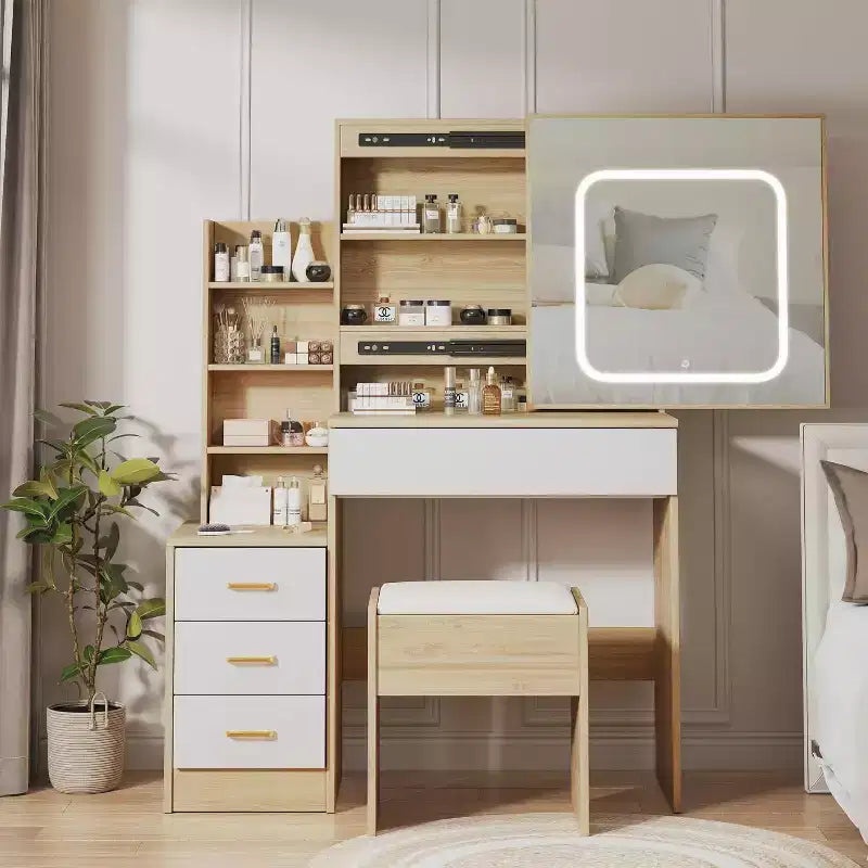 Modern Vanity Desk, Makeup Vanity Desk With Sliding Mirror, Dressing Table With 4 Drawers, Storage Shelves & Stool for Bedroom, Cloakroom